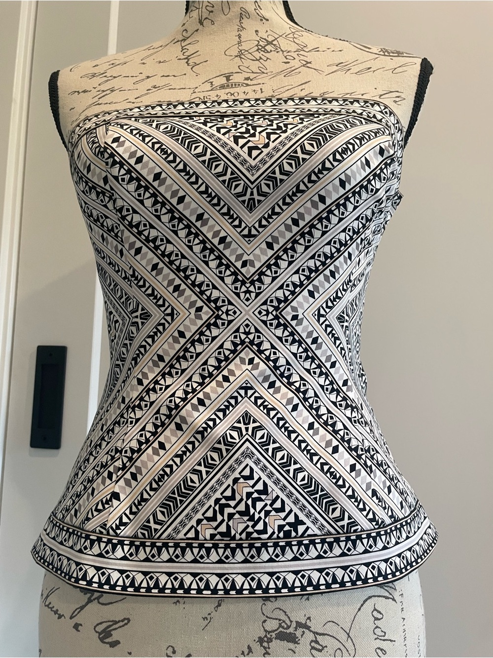 White House Black Market Black & White Bustier Geometric Strapless Top